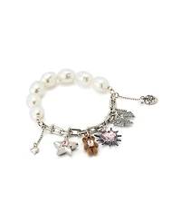Betsey Johnson Faux Stone Teddy Bead Charm Cultivated Pearl Stretch Bracelet