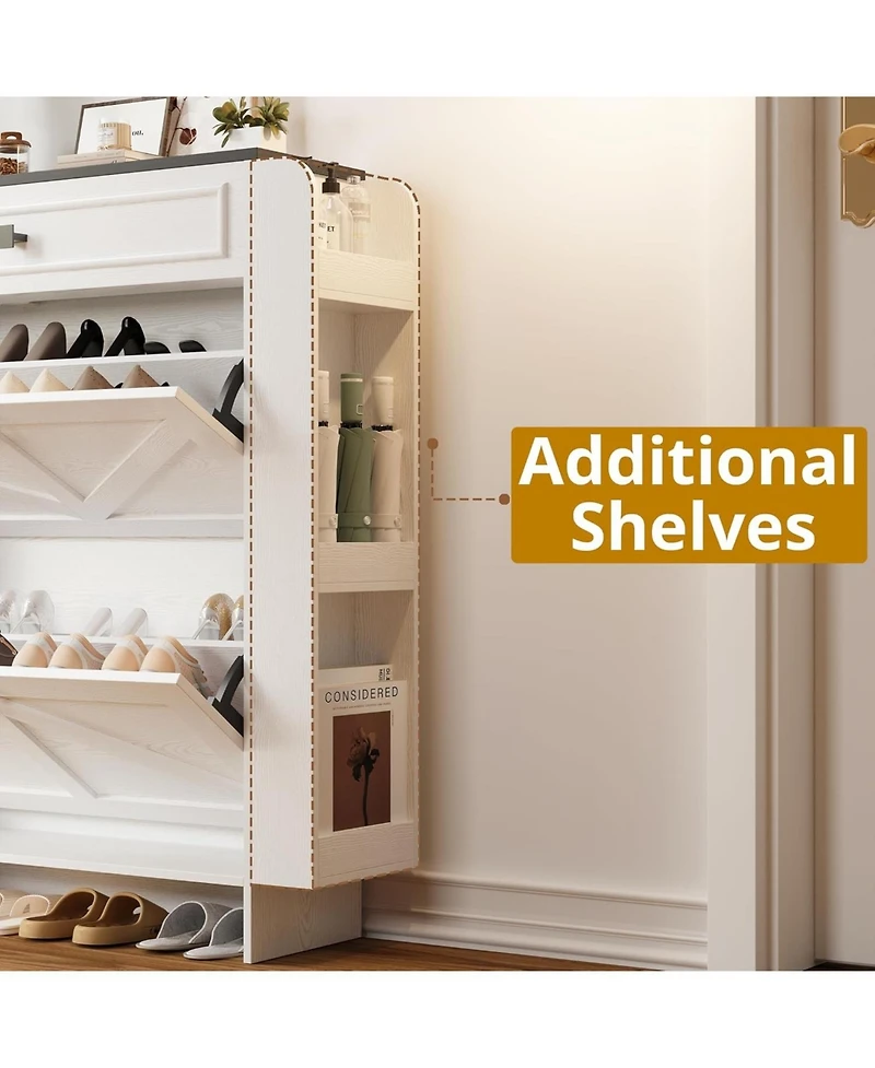 Ironck Shoe Storage Cabinet with 2 Flip Drawers & Barn Door, White/Black