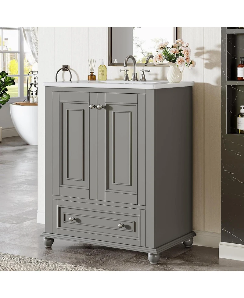 Tribesigns 24" Bathroom Vanity with Ceramic Sink Combo, Freestanding Bathroom Storage Vanity Cabinet with 2 Doors & 1 Drawer, Solid Wooden Frame & Coa