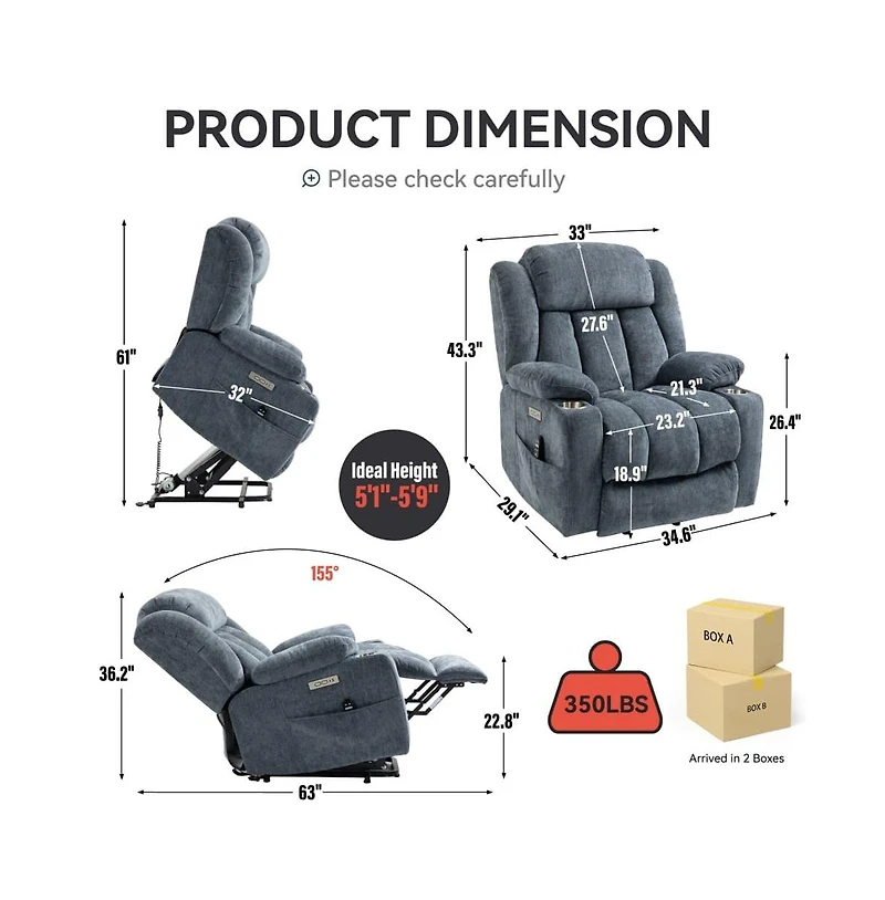 Maison Boucle Power Lift Recliner with Heat & Massage, Electric Chenille Chair Usb Port, Cup Holders Heavy-Duty 350 Lbs Support-Maison