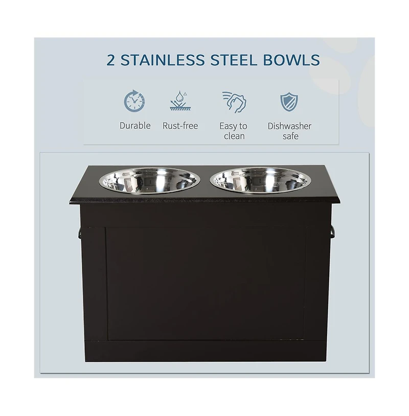 Aostirmotor Dark Brown Raised Pet Feeding Storage Station with 2 Stainless Steel Bowls for Large Dogs