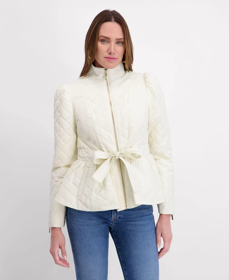 Kensie Women's Quilted Puff Sleeved Belted Jacket