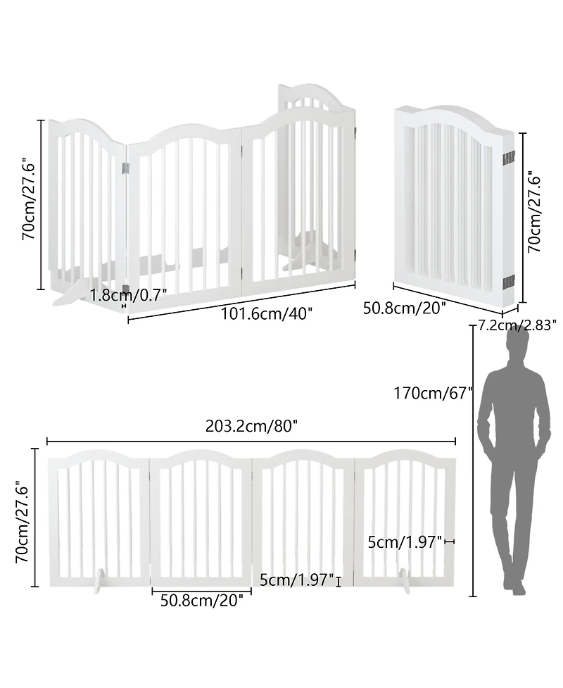 Aostirmotor 27.6" Height Tall Freestanding Pet Gate 4 Panels Foldable Dog Gate Solid Wood Folding Safety Fence Wooden Dog Gate