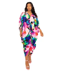 Buxom Couture Women's Plus Size Printed Cinch Waist Kaftan Dress