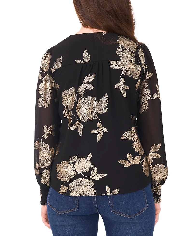 Sam & Jess Petite Button Front Smocked-Trim Long-Sleeve Top