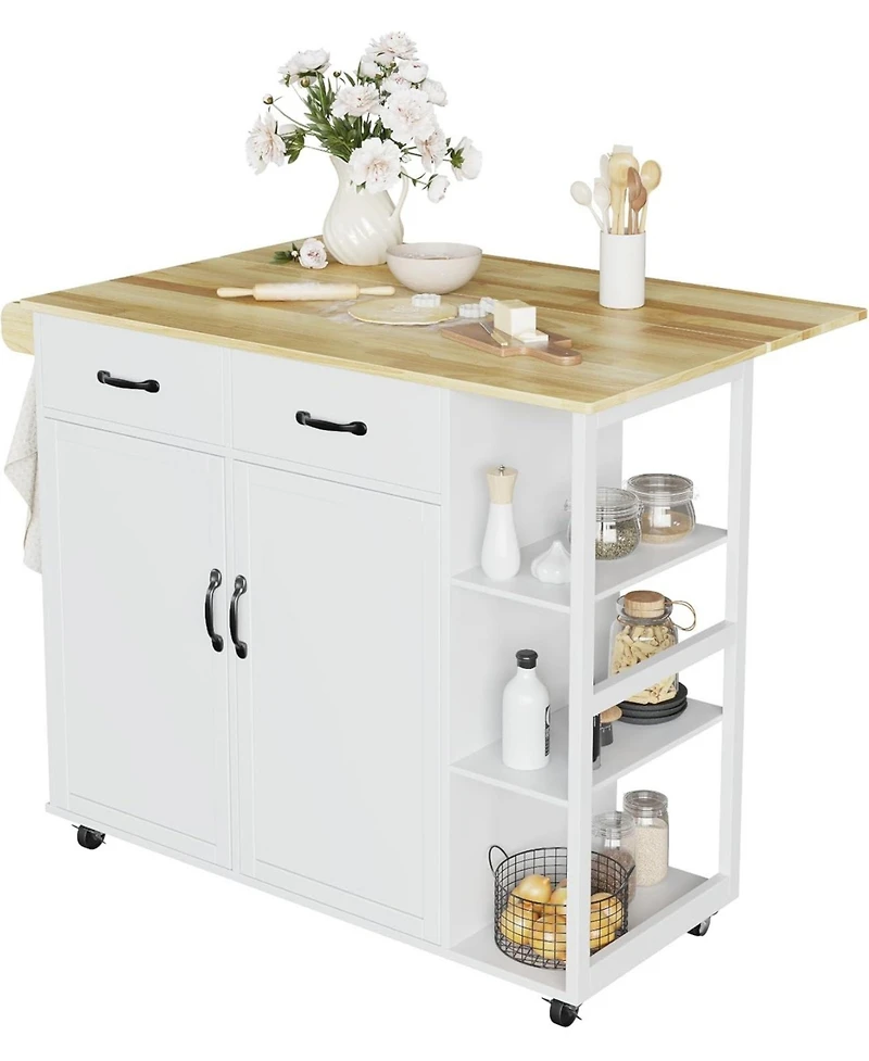 43.12-Inch White Kitchen Island & Cart with Drop-Leaf, 2 Drawers, Adjustable Shelves, Lockable Wheels & Wood Top for Kitchen & Bar