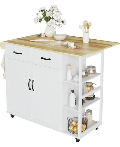 43.12-Inch White Kitchen Island & Cart with Drop-Leaf, 2 Drawers, Adjustable Shelves, Lockable Wheels & Wood Top for Kitchen & Bar