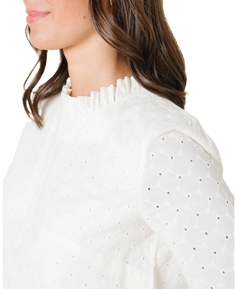 Hope & Henry Women's Organic Ruffle Neck Eyelet Top
