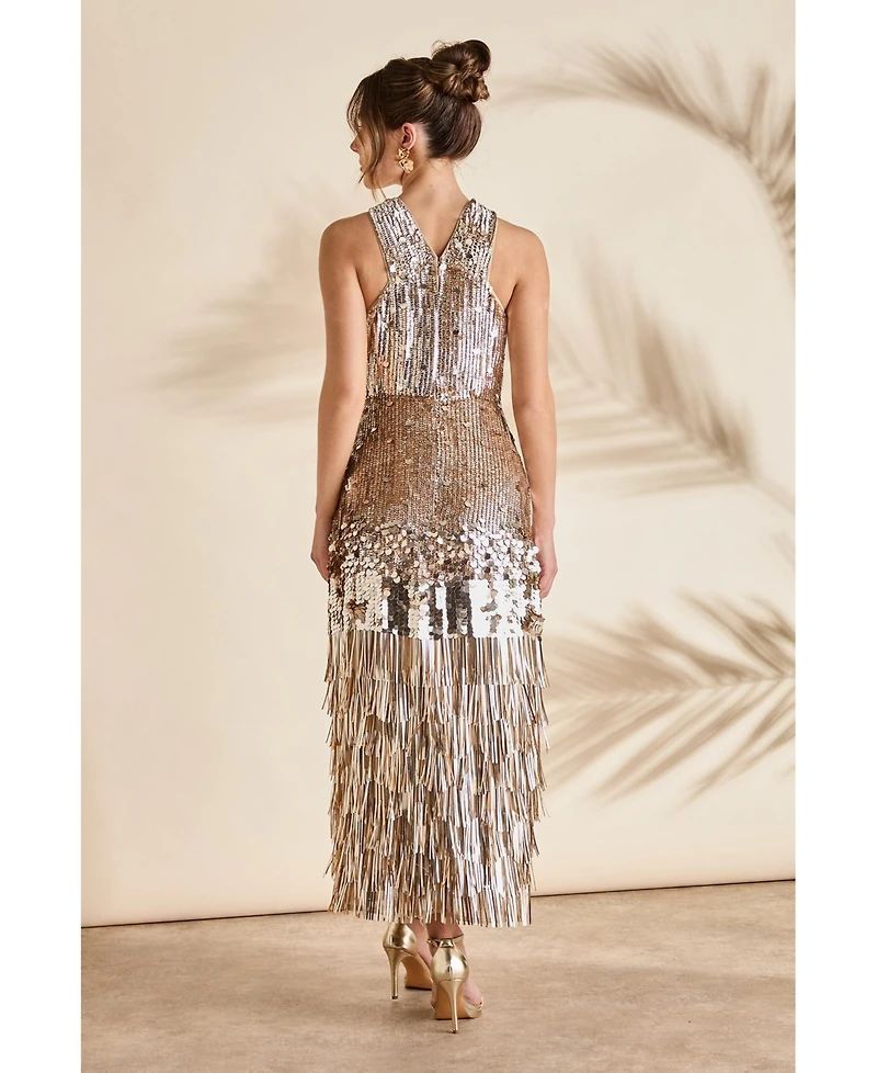 Coast Women's Gold Sequin Tassel Halter Neck Dress