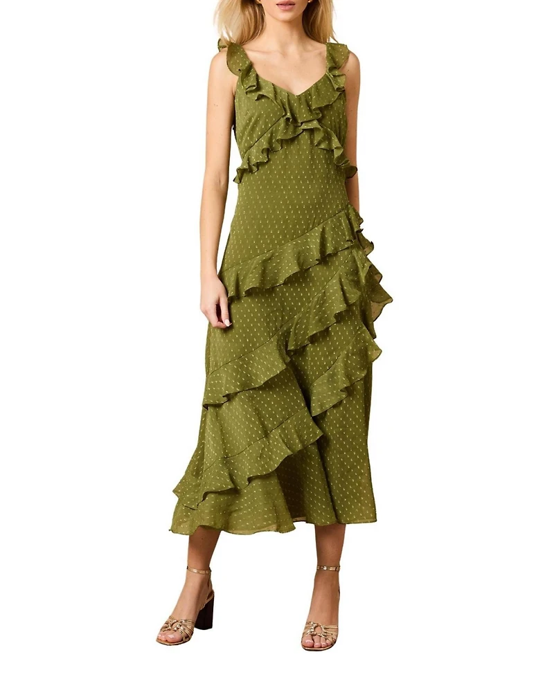Oasis Women's Dobby Ruffle V Neck Tiered Midi Dress