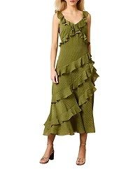 Oasis Women's Dobby Ruffle V Neck Tiered Midi Dress