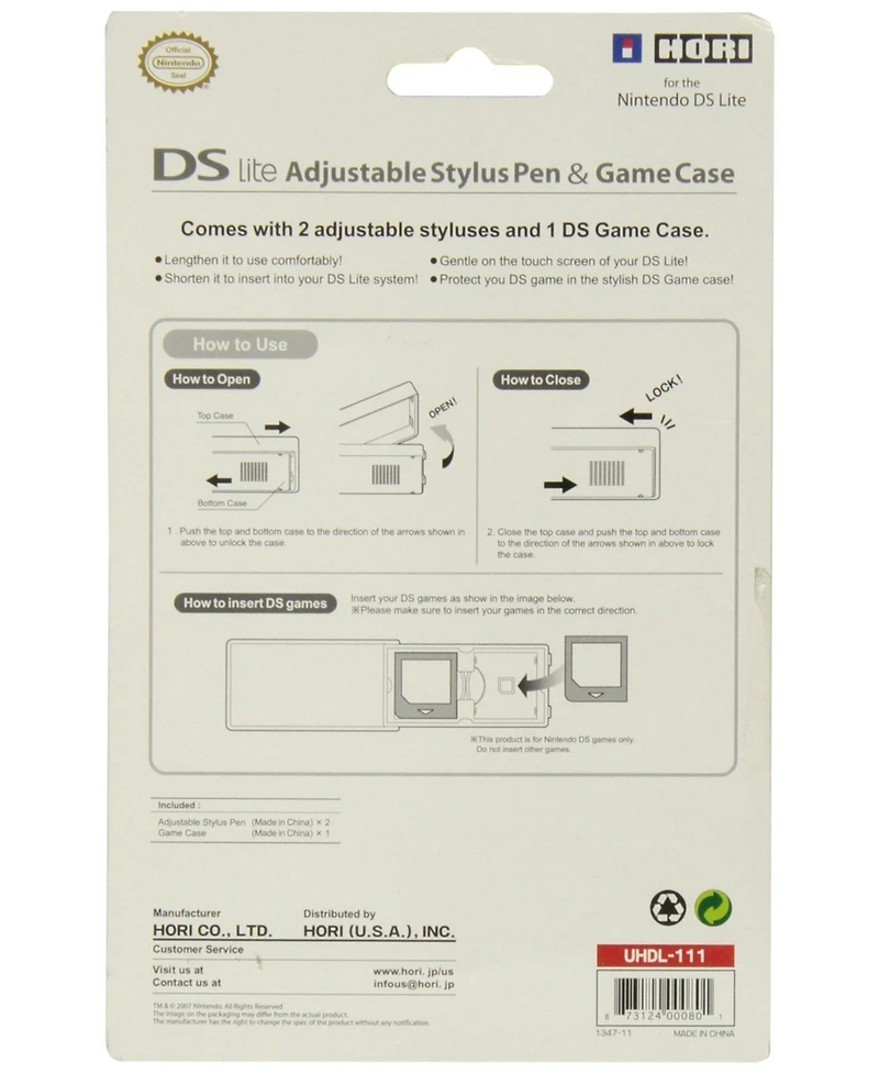Hori Ds Lite Adjustable Stylus Pen & Game Case Hori- Colors varies