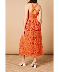 Oasis Women's Cross Strap Tiered Lace Midi Dress