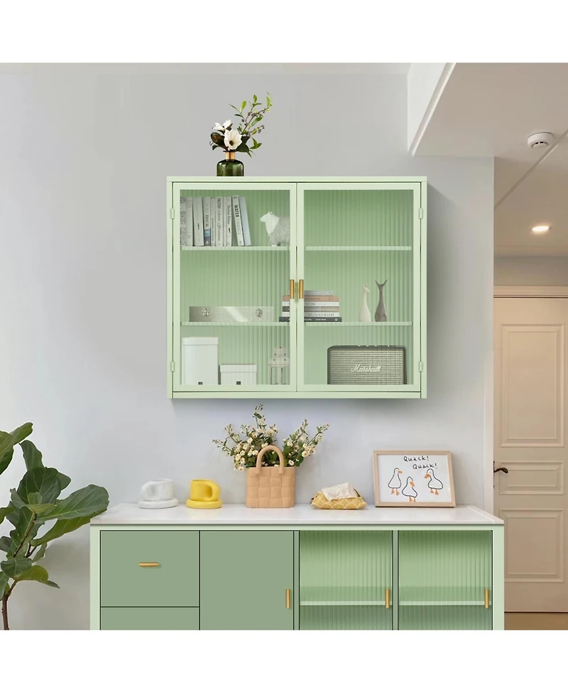 Casainc 28" Wall Cabinet with Glass Doors and 3-Tier Storage for Living Dining Areas