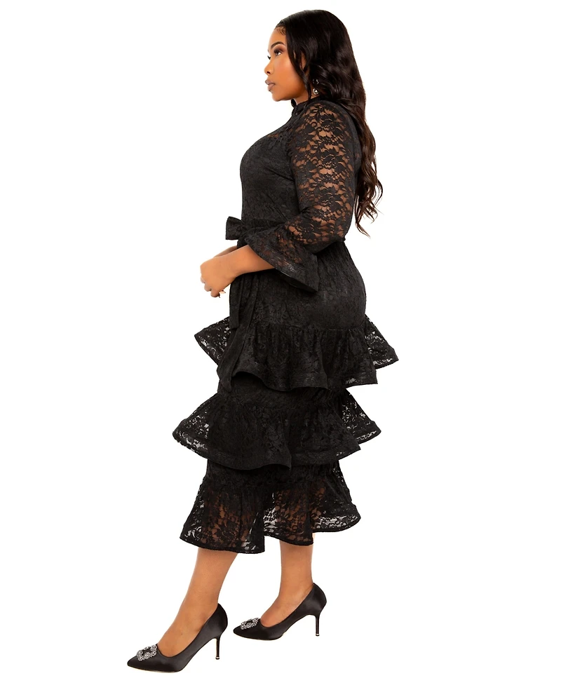 Buxom Couture Plus Lace Bell Sleeve Tiered Dress