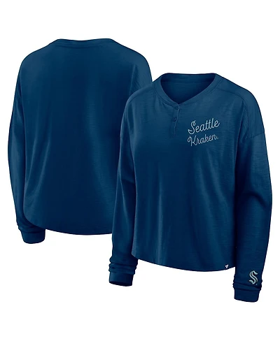 Fanatics Women's Deep Sea Blue Seattle Kraken Oversized All Out Effort Long Sleeve Henley T-Shirt