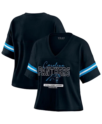 Wear by Erin Andrews Women's Black Carolina Panthers Color Block Boxy Modest Crop V-Neck T-Shirt