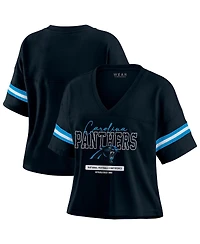 Wear by Erin Andrews Women's Black Carolina Panthers Color Block Boxy Modest Crop V-Neck T-Shirt