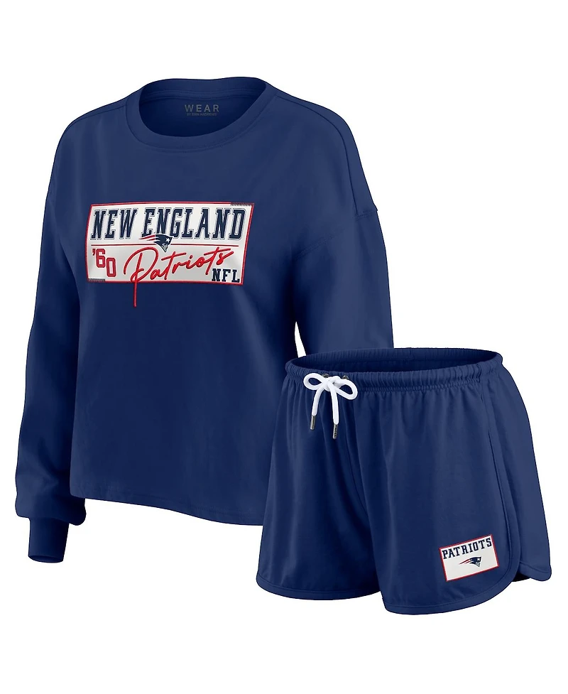 Wear by Erin Andrews Women's 2-Piece Navy New England Patriots Heavy Rugby Jersey Long Sleeve T-Shirt and Shorts Lounge Set