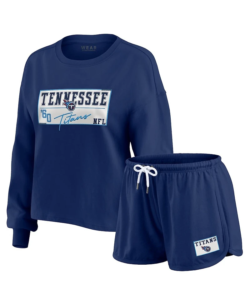 Wear by Erin Andrews Women's 2-Piece Navy Tennessee Titans Heavy Rugby Jersey Long Sleeve T-Shirt and Shorts Lounge Set