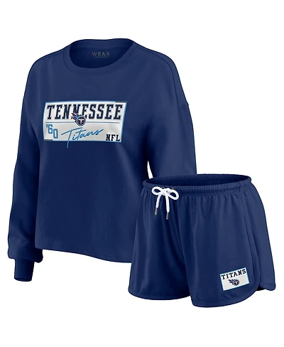 Wear by Erin Andrews Women's 2-Piece Navy Tennessee Titans Heavy Rugby Jersey Long Sleeve T-Shirt and Shorts Lounge Set