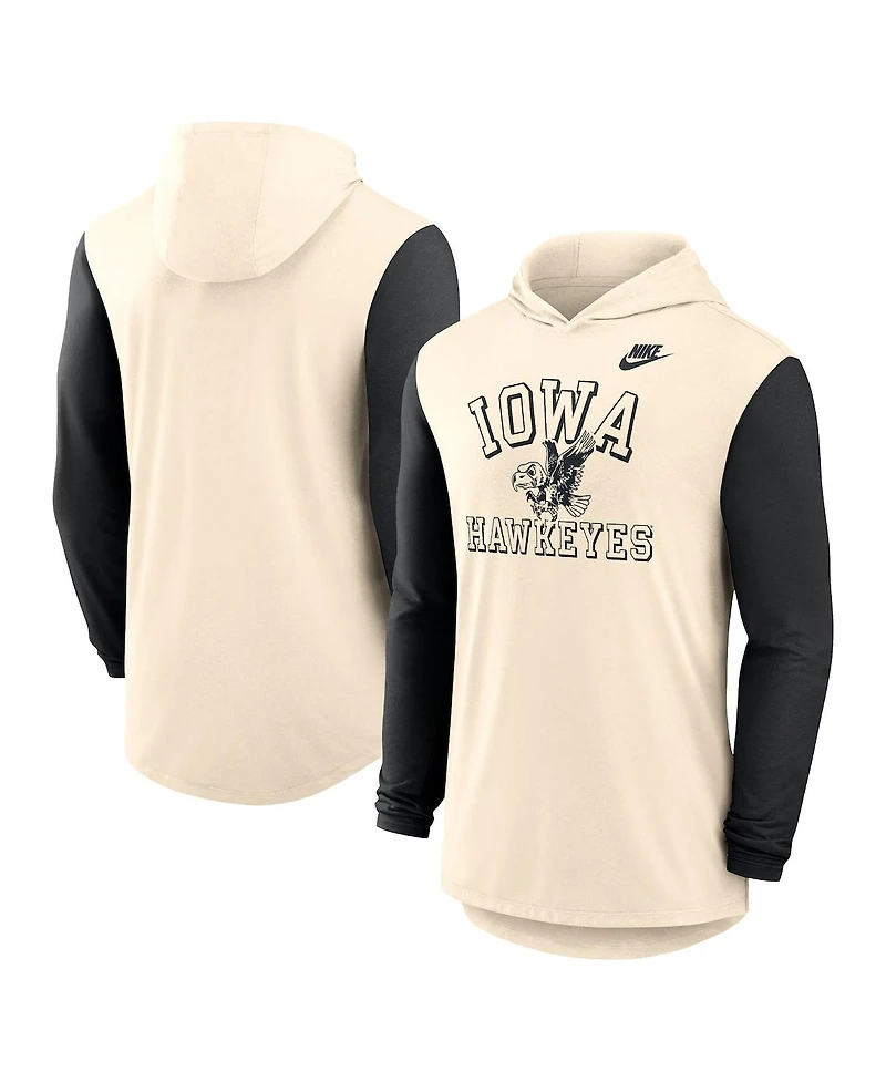 Nike Men's Natural/Black Iowa Hawkeyes Legacy Color-Block Tri-Blend Performance Long Sleeve Hoodie T-Shirt