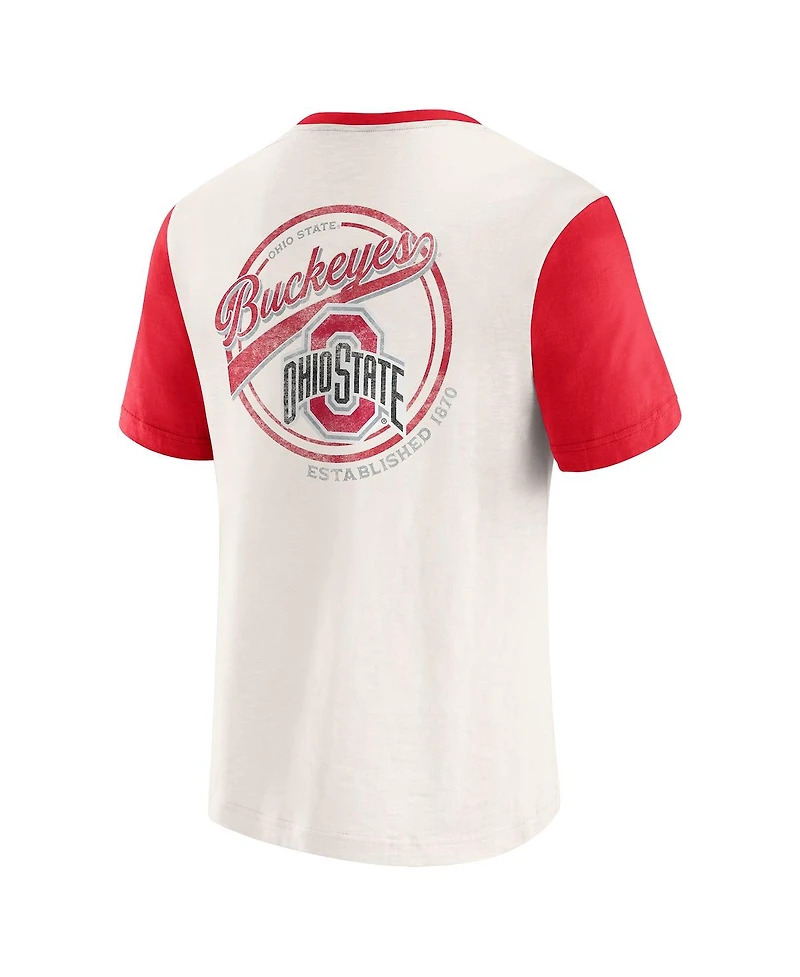 Darius Rucker Collection by Fanatics Men's Cream/Scarlet Ohio State Buckeyes Henley Color Block Slub T-Shirt