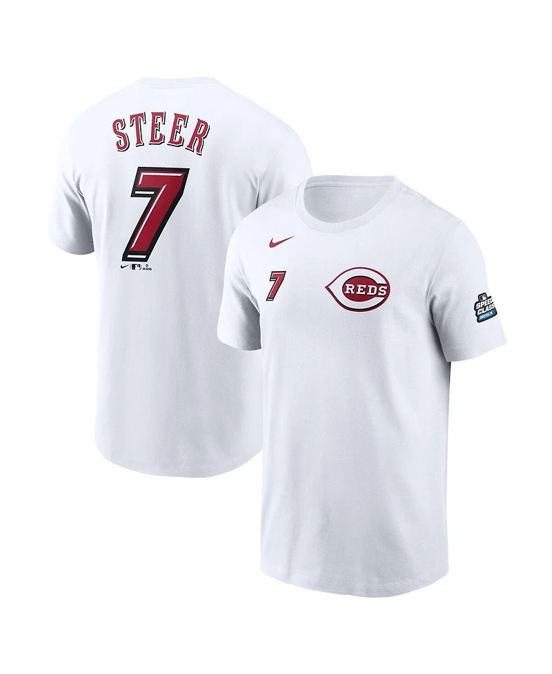 Nike Men's Spencer Steer White Cincinnati Reds 2025 Mlb Speedway Classic Name Number T-Shirt