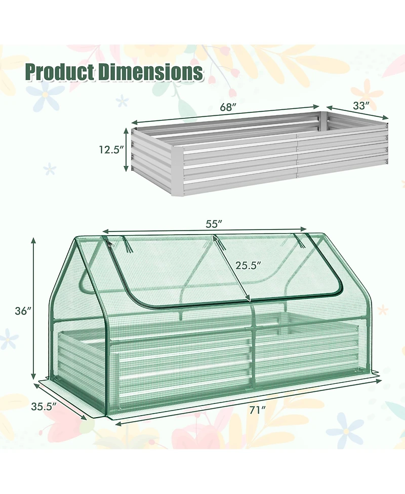 Gymax Galvanized Steel Raised Garden Bed Metal Planter Box Kit w/ Mini Greenhouse Cover