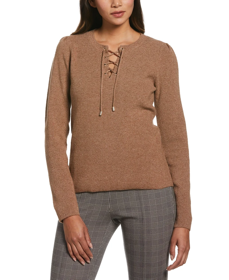 Ella Rafaella Plus Front Lace-Up Long Sleeve Sweater