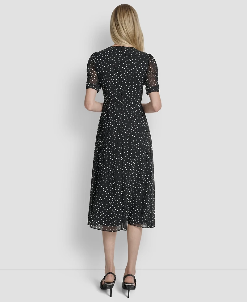 Dkny Women's Polka-dot V-neck Button-trim Midi Dress
