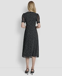 Dkny Women's Polka-dot V-neck Button-trim Midi Dress