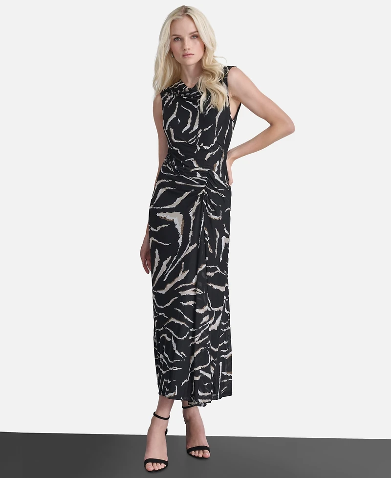 Dkny Women's Sleeveless Cowl Neck Ruched Long Dress