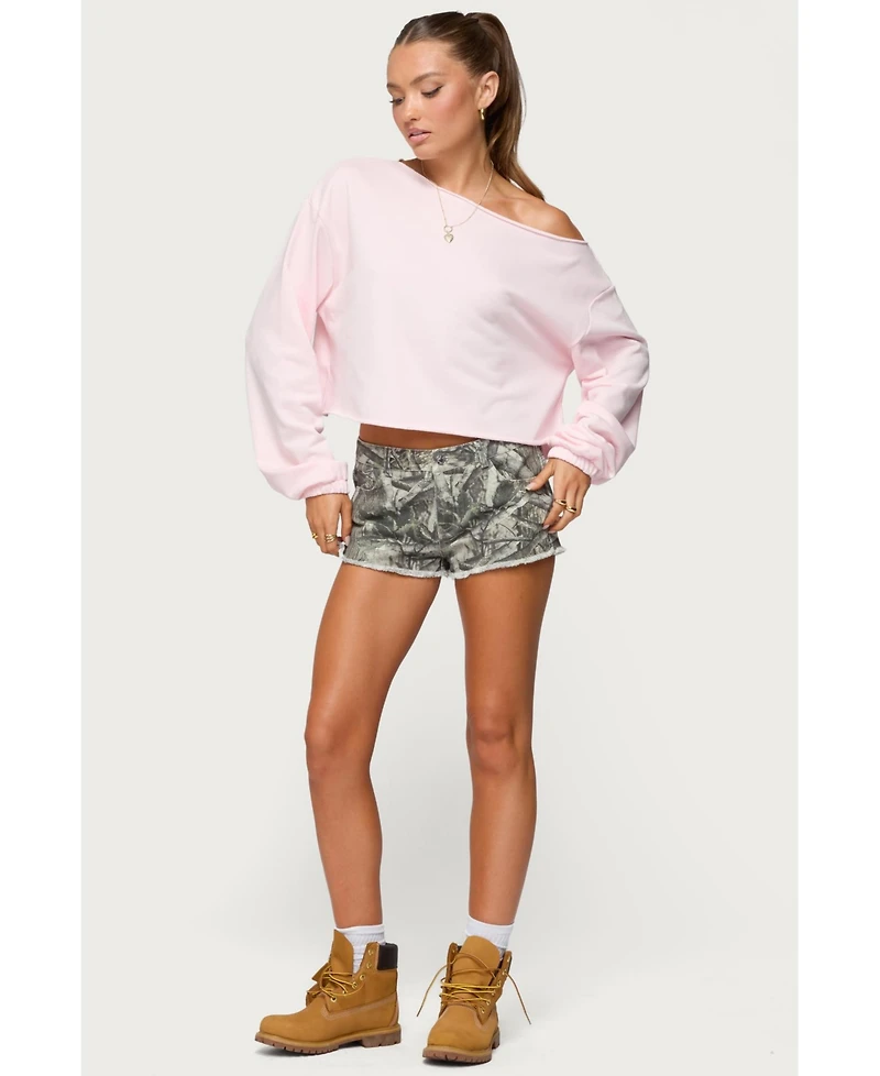 Edikted Womens Joyce Camo Low Rise Denim Shorts