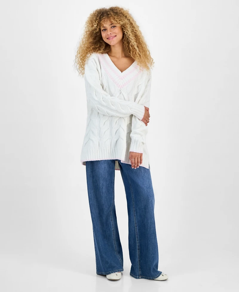 Hippie Rose Juniors' V-Neck Cable-Knit Sweater