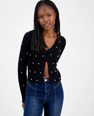 Madden Girl Juniors' Faux-Pearl Ribbed Cardigan