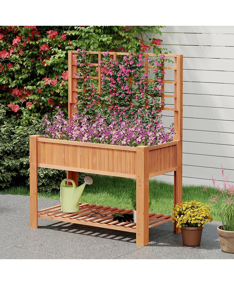 Gymax Raised Garden Bed w/ Trellis Wooden Elevated Planter Box w/ Legs & Liner