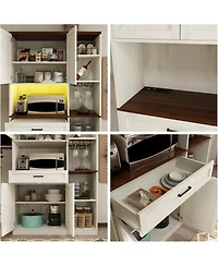 Vanirror Antique White 71" Farmhouse Pantry Hutch Cabinet, Barn Door Kitchen Storage with Led Lights & Adjustable Shelves, Freestanding Sideboard with