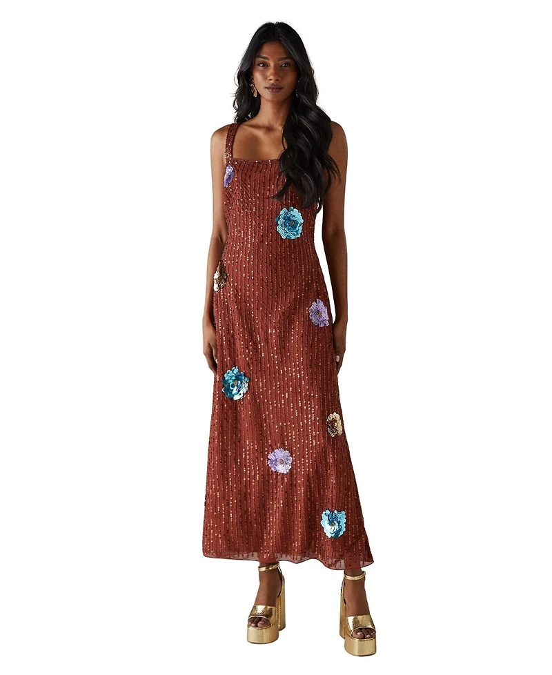 Warehouse Women's Hand Embellished Flower Burst Midi Dress