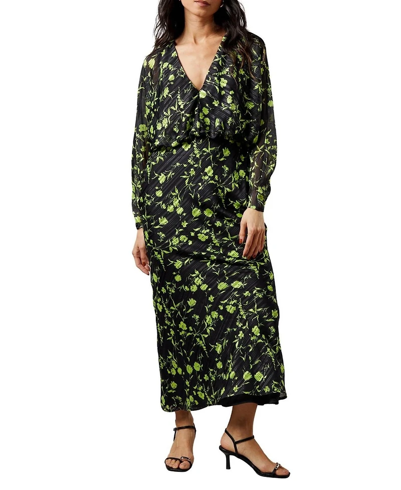 Warehouse Women's Shadow Stripe Floral Batwing Midi Dress