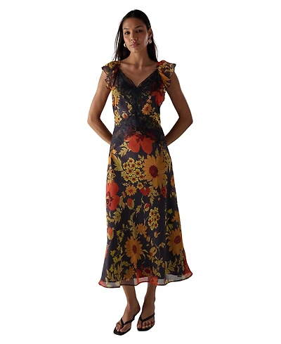 Warehouse Women's Lace Insert Frill Sleeve Midi Dress