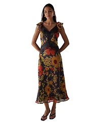Warehouse Women's Lace Insert Frill Sleeve Midi Dress