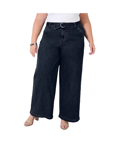 June + Vie Women's Curvie Fit High-Waisted Wide-Leg Utility Jean