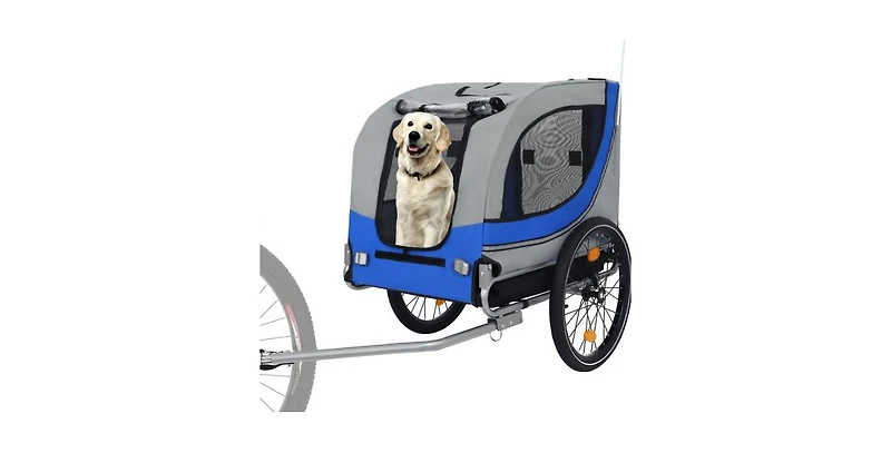 Aostirmotor Gray Blue Large Folding Bike Trailer for Dogs 120LB Capacity All-Terrain Pet Carrier Durable Steel Frame for Cycling Camping