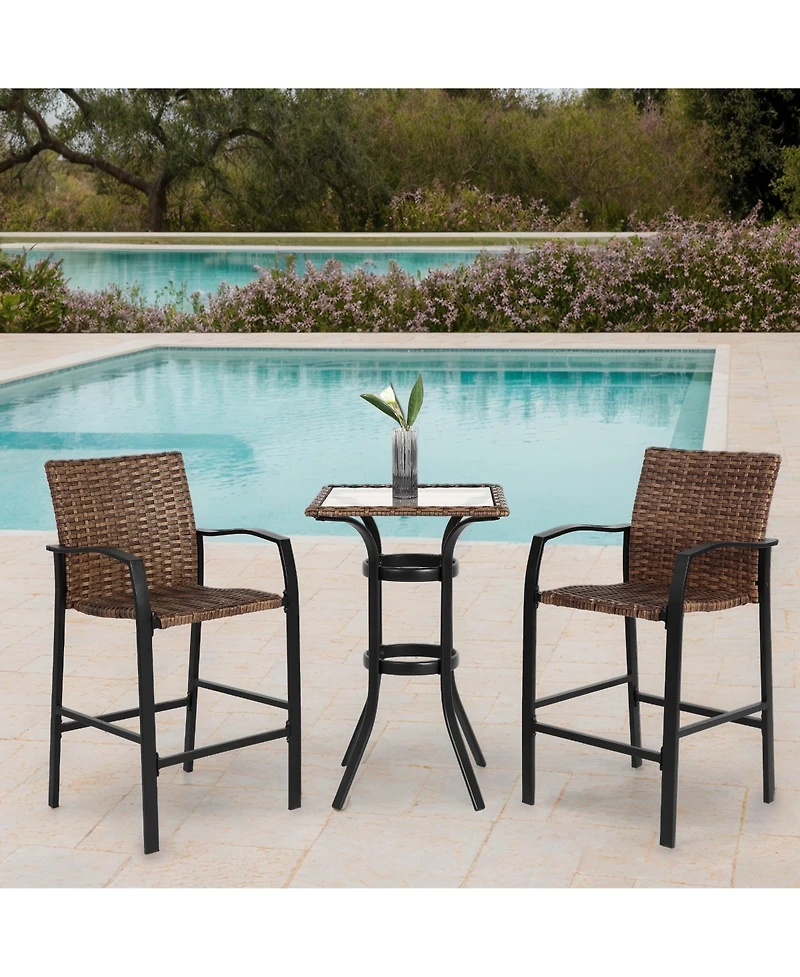 Flynama 3 Pieces Outdoor Bar Stools Set,Rattan Bar Chairs,with glass table top, Wicker Bar Stools for Backyard, Garden, Pool, Balcony and Deck, Brown