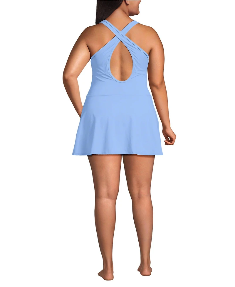 Lands' End Women's Tugless High Neck Swim Dress Swimsuit