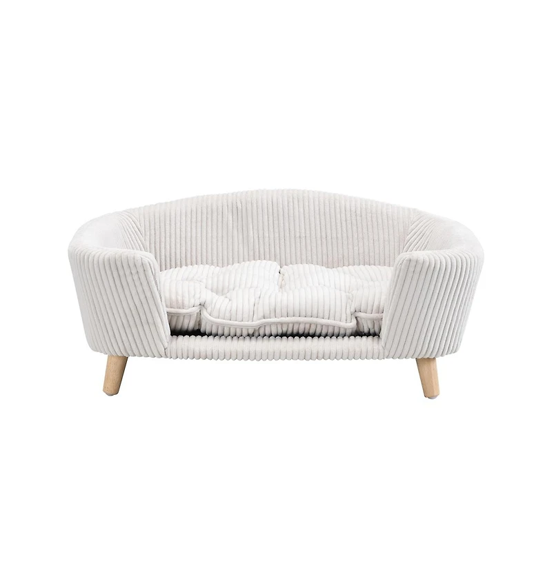 Zeus & Ruta Beige Corduroy Elevated Pet Couch with Wood Legs