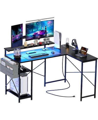 gaomon 54 inch Gaming Desk, Reversible L Shaped Desk, Corner Computer Desk with Monitor Stand, Power Outlets, Led Lights and Storage Shelves for Home