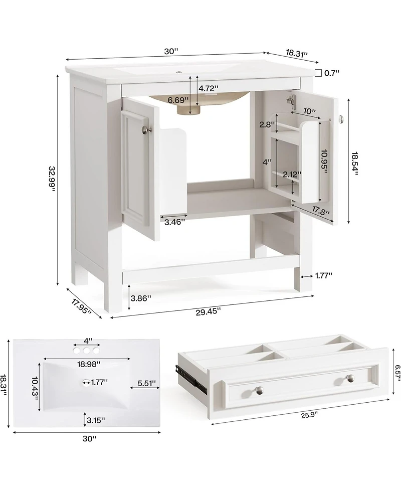 Tribesigns 30" Modern Bathroom Vanity with Sink, Bathroom Sink Cabinet with 2 Doors and 1 Drawer, Solid Wooden Frame, White