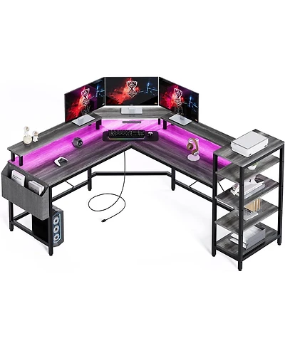 gaomon L Shaped Desk with Power Outlets & Led Lights, 62" Computer Desk with Full Monitor Stand & Storage Shelves, Corner Desk Gaming Desk, Ergonomic